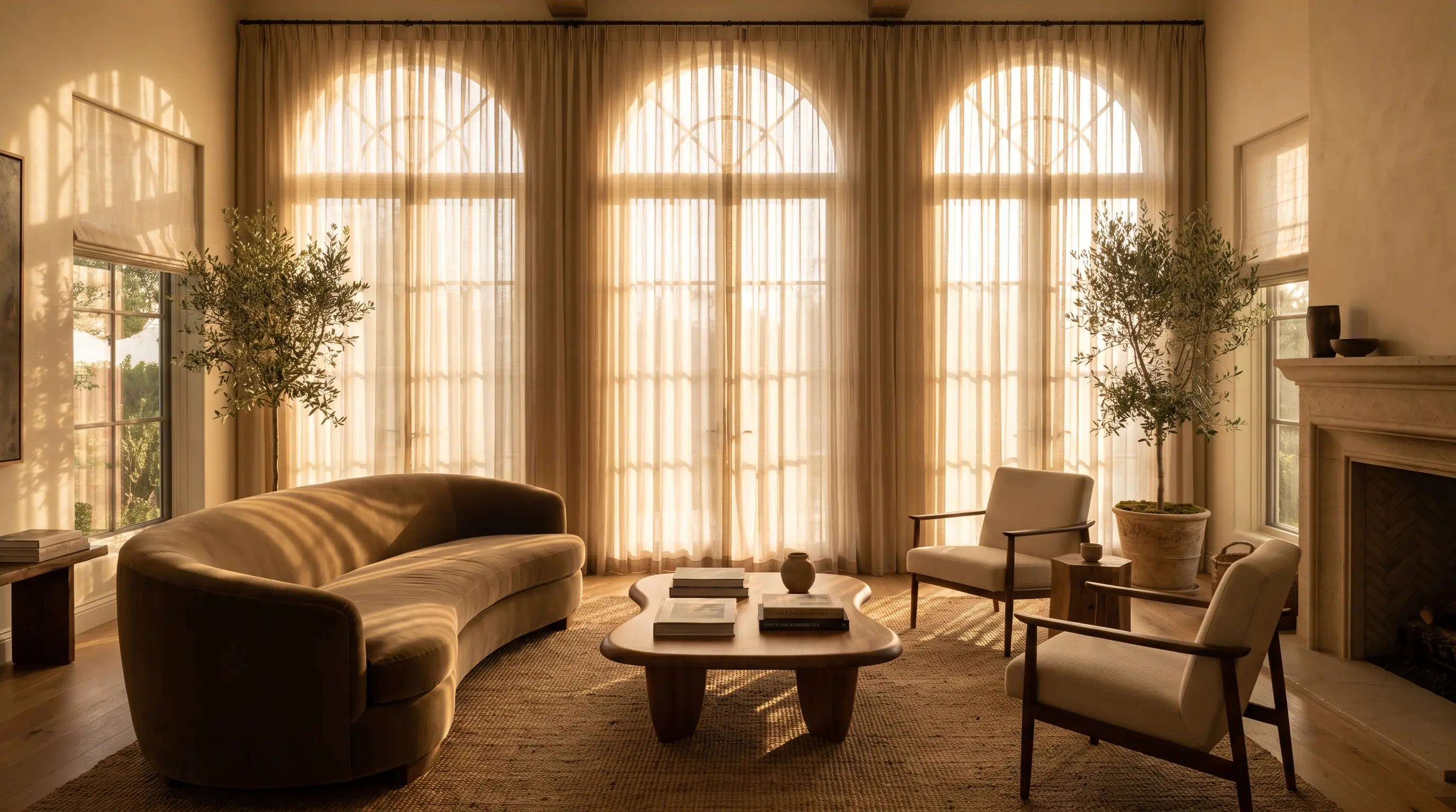 Bright living room with sunlight streaming through sheer window shades