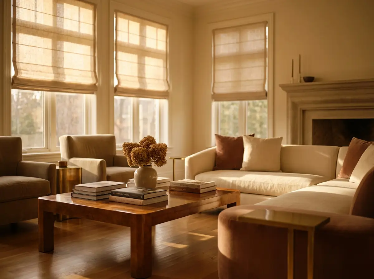 A bright living room where custom shades soften the afternoon light