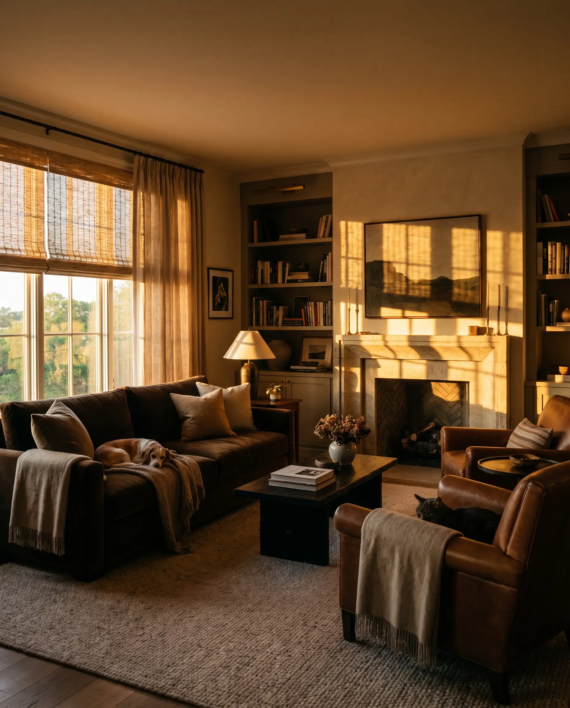 Warm afternoon light falling through custom window treatments in a comfortable living room